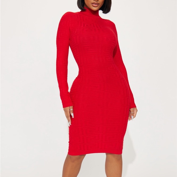 Fashion Nova Dresses & Skirts - Fashion Nova Red Textured Long Sleeve Sweater Midi Dress with Mock Neck